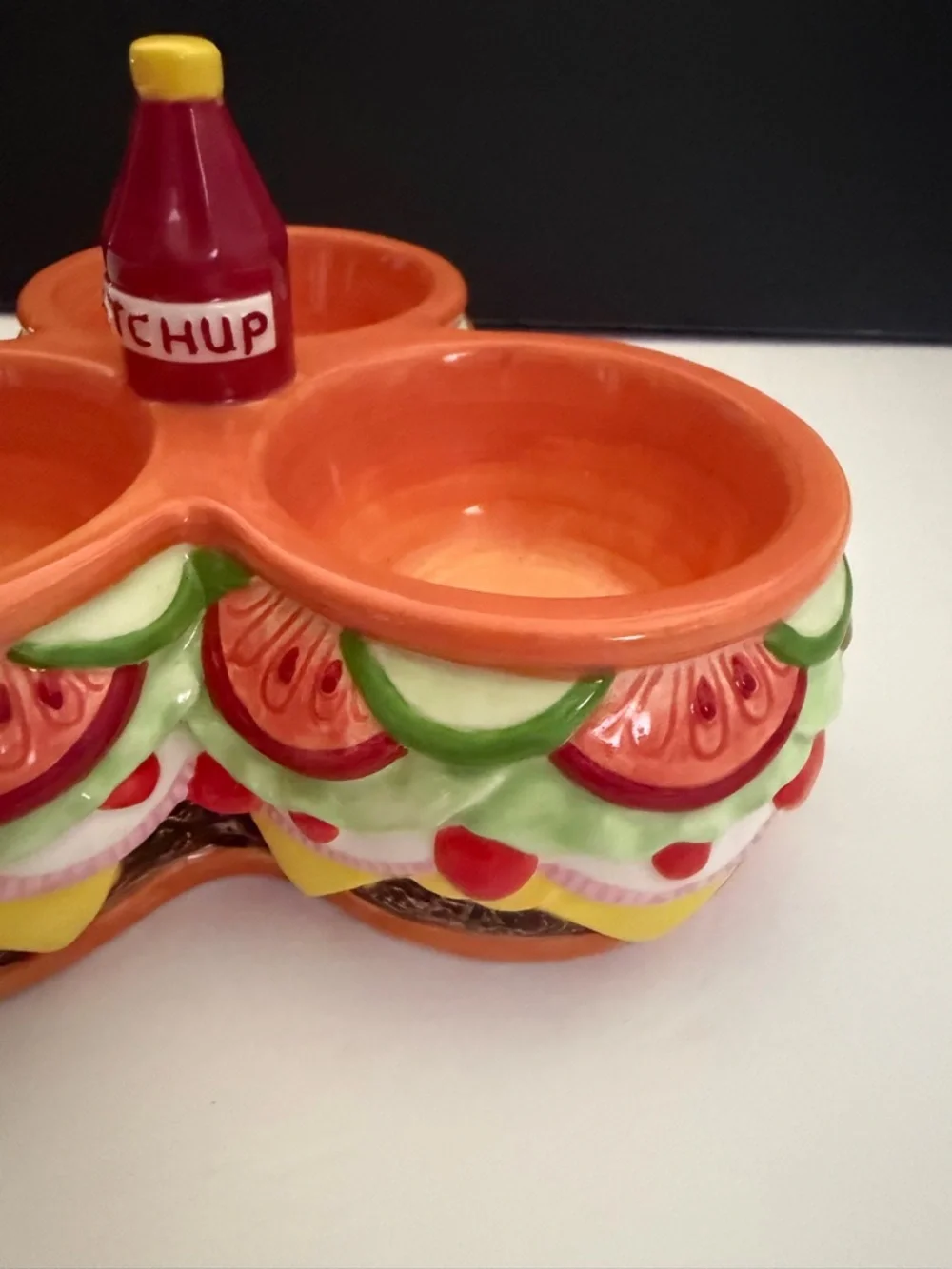 Ceramic Triple Dip Server Dish Cheeseburger with Ketchup Bottle
